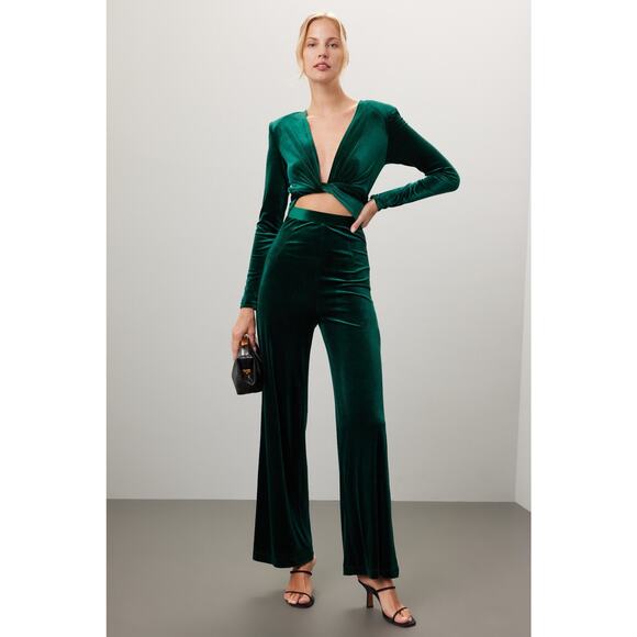 Bronx & Banco Emerald Green Velvet Wrap Waist Long Sleeves Jumpsuit Size Medium - Picture 1 of 16